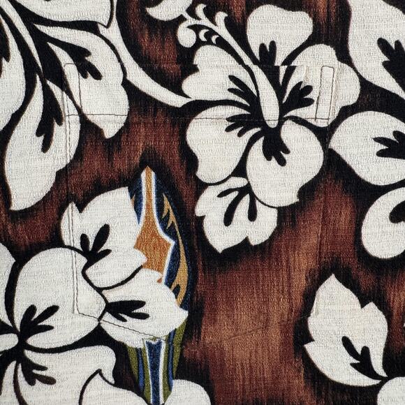 RJC Hawaiian Shirt Mens XL Bark Cloth Brown Hibiscus Surfboards Made in USA - Picture 5 of 11